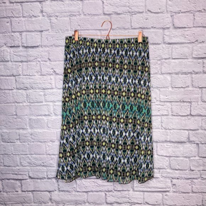 Dressbarn Size 1X Green Brown Stretch Mesh Ikat Boho Print A-Line Skirt Plus‎